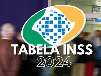 Imagem desfocada de pessoas em uma fila com o logo do INSS e as palavras "Tabela INSS 2024" em destaque.