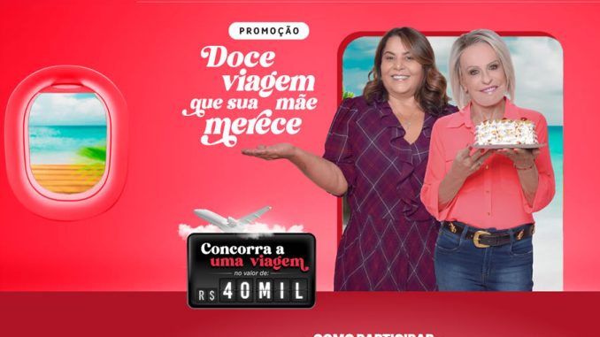 Imagem promocional da Sodiê Doces com o título "Doce Viagem que sua mãe merece", mostrando duas mulheres sorridentes segurando um bolo. Ícones de pontos turísticos e um texto que informa sobre como participar para ganhar uma viagem de R$40 mil.