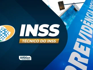 Logotipo do INSS ao lado de texto 'TÉCNICO DO INSS' com o banner 'PREVIDÊNCIA SOCIAL' ao fundo.