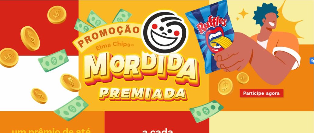 Página de promoção com logo da Elma Chips e Ruffles, destacando prêmios de até R$500 a cada 5 minutos e os passos para participação.