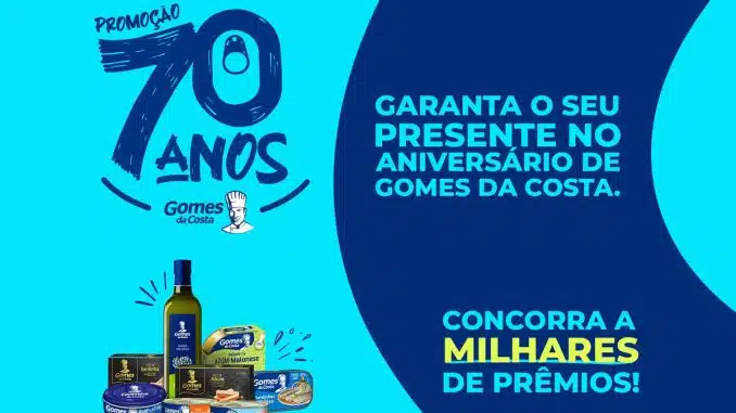 Promoção de Aniversário 70 Anos Gomes da Costa! Imagem promocional dos 70 anos da Gomes da Costa, mostrando diversos produtos da marca e detalhes da promoção com o slogan "Garanta o seu presente no aniversário de Gomes da Costa. Concorra a milhares de prêmios!"
