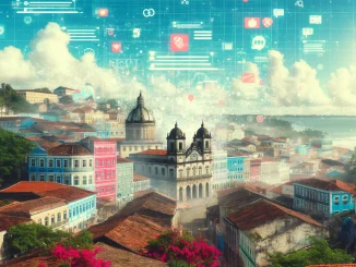 Imagem de Salvador, Bahia, mostrando a arquitetura histórica com elementos digitais flutuantes como snippets de código e wireframes de sites, simbolizando a fusão de cultura tradicional e inovação digital.