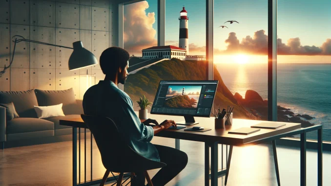 Imagem de um homem negro, de meia-idade, trabalhando concentrado em seu laptop em um escritório moderno. Através da janela panorâmica, pode-se ver o Farol da Barra em Salvador ao pôr do sol.