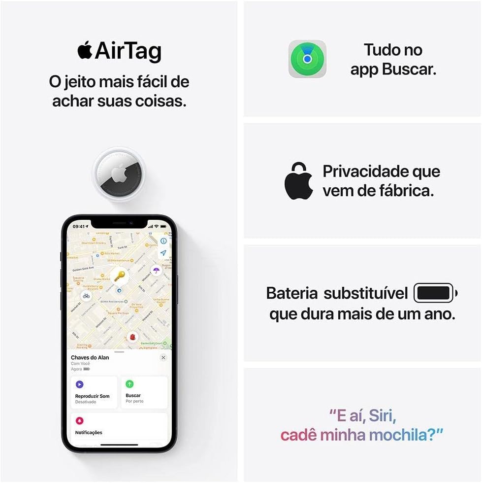 Imagem mostrando um AirTag Apple, um iPhone com o mapa do aplicativo 'Buscar' e ícones destacando suas características principais como privacidade e bateria de longa duração.