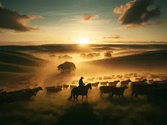 Uma cena pitoresca mostra um rebanho de gado pastando em uma vasta fazenda ao amanhecer, com montanhas ao fundo e o céu tingido de tons dourados.