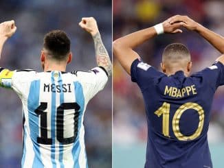 Imagens lado a lado de Messi com a camisa número 10 da Argentina e Mbappé com a camisa número 10 da França, ambos de costas, celebrando momentos de triunfo.