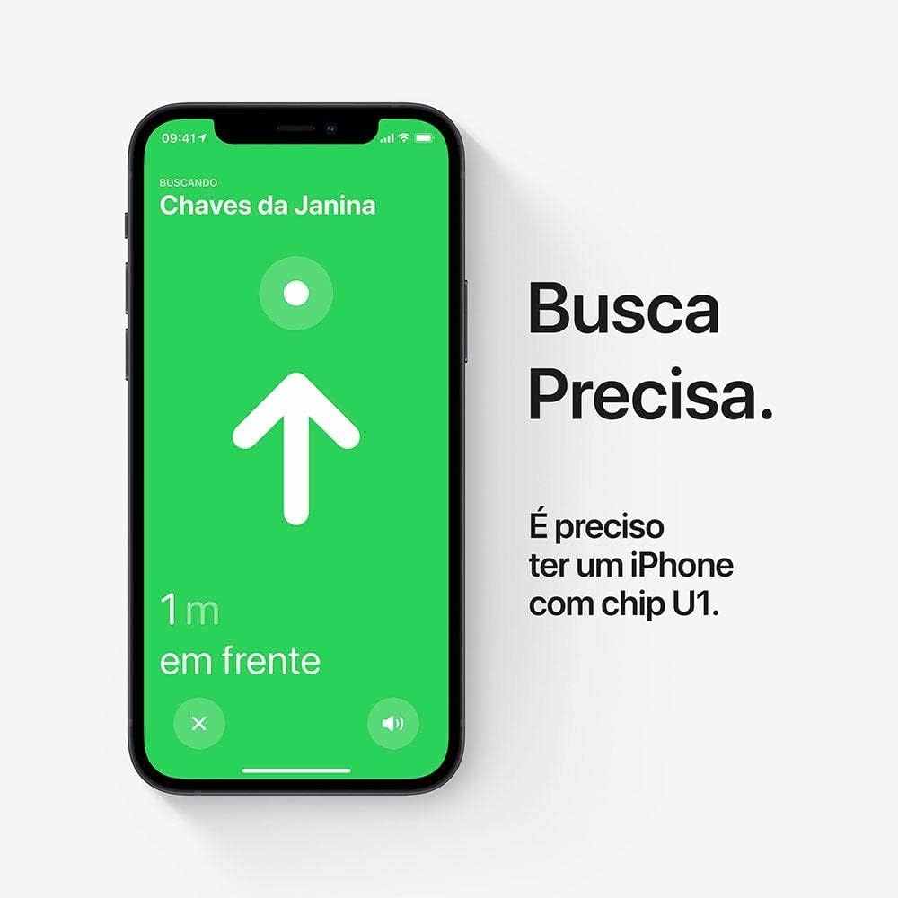 Tela de iPhone mostrando a interface do app 'Buscar', indicando a localização '1m em frente' para as chaves, e texto ressaltando a busca precisa com chip U1.