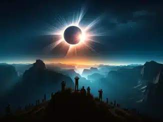 Imagem em formato 16x9 mostrando um eclipse solar total acima de um cenário montanhoso. Silhuetas de pessoas observam o fenômeno, com a corona solar brilhando intensamente em volta da lua escura.