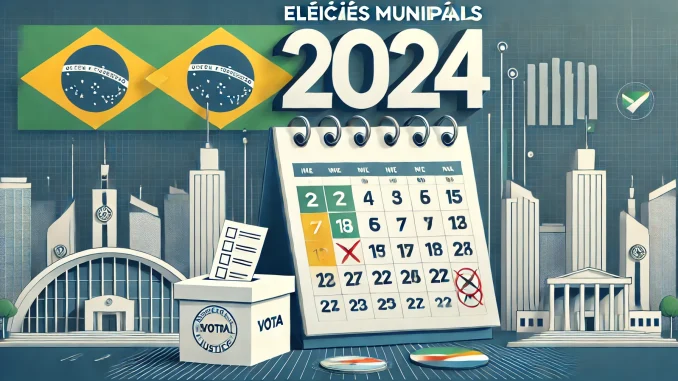 Imagem ilustrativa do calendário das Eleições Municipais 2024 no Brasil, mostrando um calendário com datas importantes marcadas, uma urna eleitoral com cédula de voto e a bandeira do Brasil ao fundo.