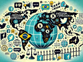 Ilustração mostrando um mapa mundial com o Brasil destacado, cercado por ícones de liberdade de expressão e plataformas de mídia social, simbolizando a repercussão global do bloqueio do X.