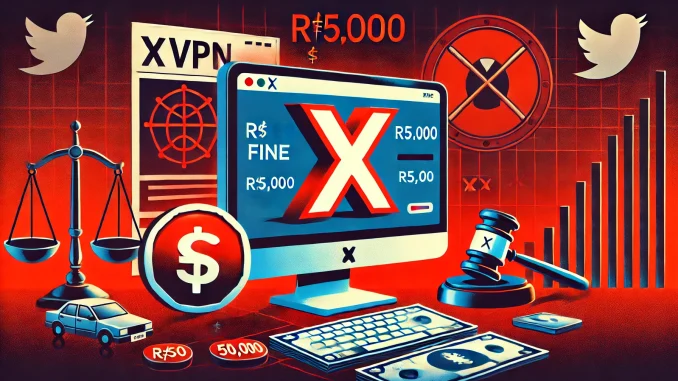 Ilustração mostrando uma tela com o logotipo do X e um ícone de VPN conectado, com um aviso de multa de R$ 50 mil, simbolizando o risco de usar VPN para acessar o X no Brasil.