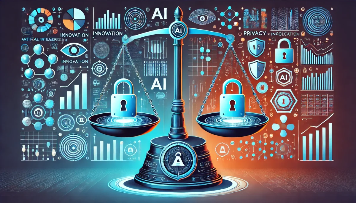 Ilustração de uma balança equilibrando inovação e privacidade, com gráficos representando o crescimento empresarial impulsionado pela IA e cadeados simbolizando a proteção de dados.