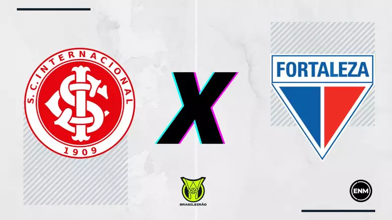 Logos do Internacional e Fortaleza com um "X" no centro, representando o confronto entre os dois times pelo Brasileirão 2024.