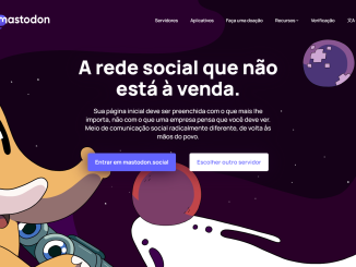 Página inicial do site do Mastodon com a mensagem "A rede social que não está à venda" destacada, ao lado de ilustrações de um mamute em estilo cartoon.