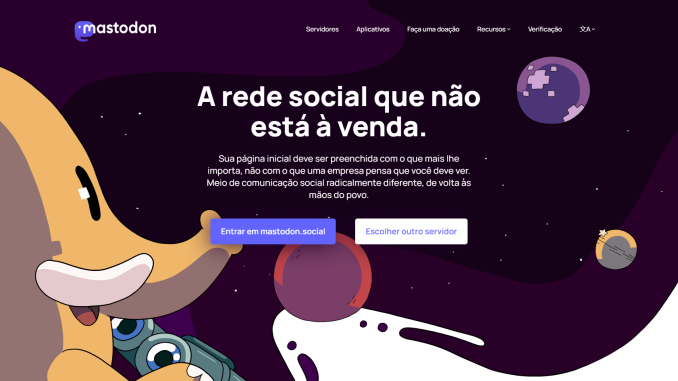 Página inicial do site do Mastodon com a mensagem "A rede social que não está à venda" destacada, ao lado de ilustrações de um mamute em estilo cartoon.