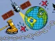 Ilustração mostrando um satélite representando a Starlink transmitindo sinais para a Terra, com o logotipo do X e símbolos de conflito, como um martelo de juiz e correntes quebradas.