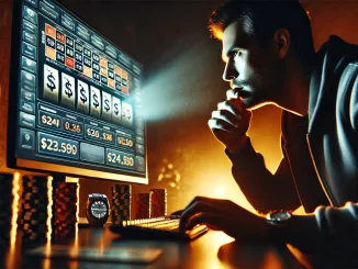 Homem preocupado observando tela de computador com jogos de apostas online, cercado por fichas de poker e reflexos de números altos de dinheiro.