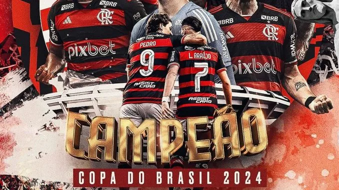 Flamengo é Campeão da Copa do Brasil 2024! Penta na Galeria! Imagem de jogadores do Flamengo comemorando a conquista da Copa do Brasil 2024, com o título "Campeão" em destaque e o escudo do clube.
