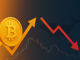 Ilustração com uma moeda dourada de Bitcoin, seta amarela apontando para cima e seta vermelha para baixo, com silhueta de baleia ao fundo e gráfico de velas.