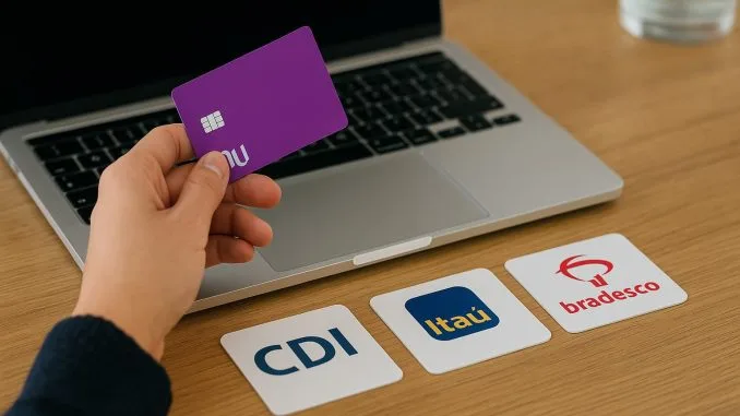 Comparativo de Investimentos Nubank vs Bancos Tradicionais Pessoa segura cartão roxo do Nubank acima de mesa com laptop e logos de CDI, Itaú e Bradesco em destaque.