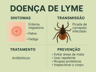 Ilustração de carrapato transmitindo bactéria para pele humana com ícones de prevenção ao redor