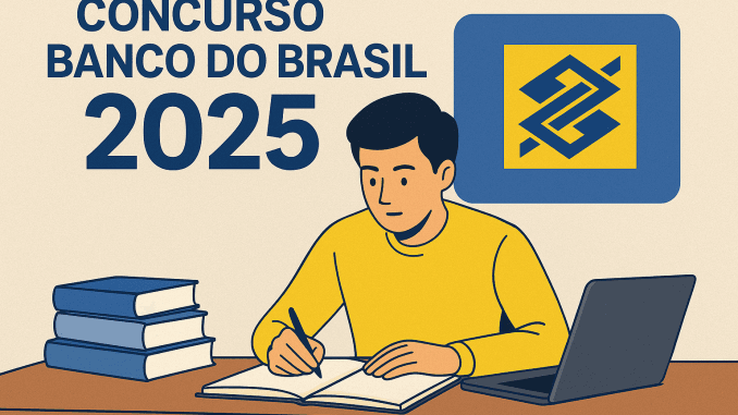 Concurso Banco do Brasil 2025 Jovem estudando para o Concurso Banco do Brasil 2025 com livros e laptop