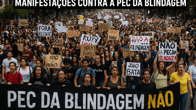 Protestos contra a PEC da Blindagem pelo Brasil Multidão de manifestantes com faixas e cartazes em protestos contra a PEC da Blindagem