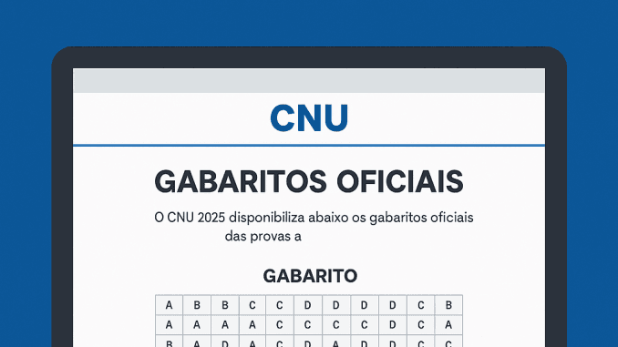 Computador com tela exibindo o gabarito oficial do CNU 2025, representando a divulgação das respostas do exame.