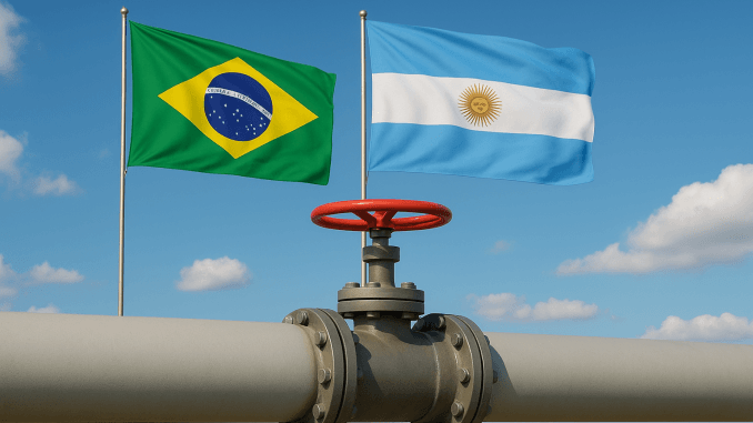 Gasoduto ou terminal de gás natural, com bandeiras do Brasil e Argentina ao fundo Gasoduto para importação de gás da Argentina
