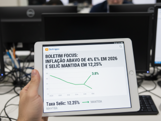 Mão segurando um tablet que exibe um gráfico do Boletim Focus sobre a inflação e a taxa Selic de 12,25%.