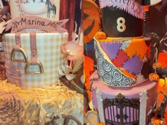 Dois bolos decorados: um com tema hípico para Marina e outro com tema de Halloween para Helena, com o número 8.