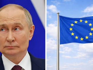 Montagem com o retrato de Vladimir Putin à esquerda e a bandeira da União Europeia hasteada à direita.