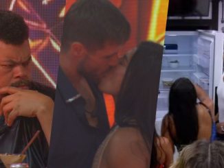 Montagem com participante pensativo, Jonas Sulzbach e Marciele se beijando e Dilsinho na cozinha do BBB 26.