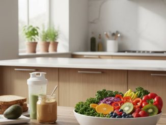 Bowl of fresh fruits and vegetables in a modern kitchen