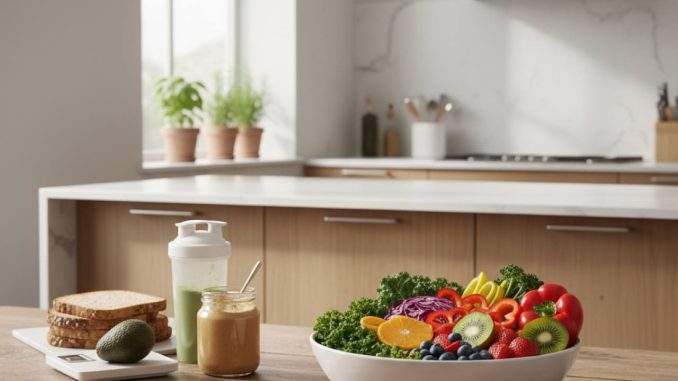 Bowl of fresh fruits and vegetables in a modern kitchen