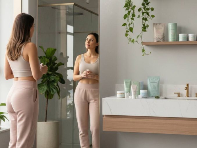 Mulher olhando para o espelho em ambiente moderno e iluminado