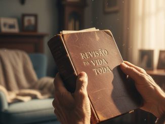 Mãos envelhecidas segurando um livro sobre revisão da vida toda em um ambiente acolhedor