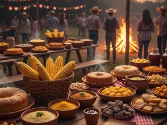 Mesa farta com comidas típicas da Festa Junina