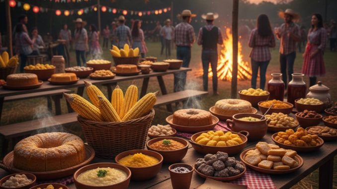 Mesa farta com comidas típicas da Festa Junina