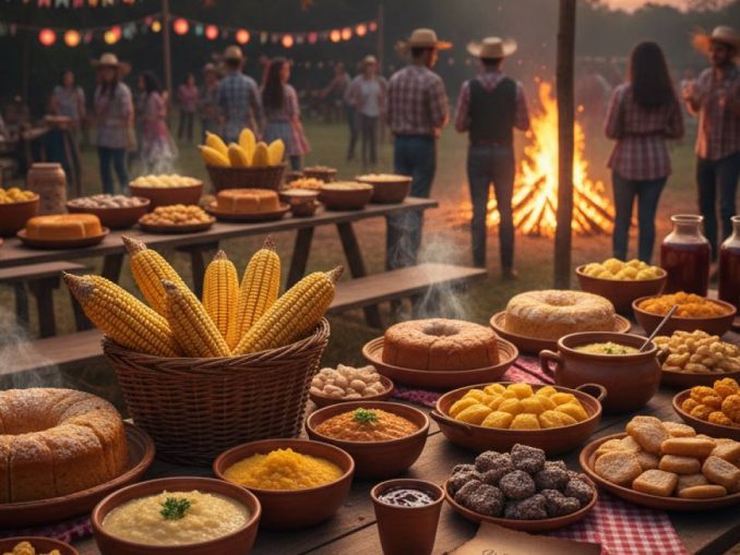 Mesa farta com comidas típicas da Festa Junina