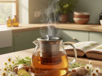 Cenário de cozinha com chá e ingredientes naturais para azia