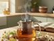 Cenário de cozinha com chá e ingredientes naturais para azia
